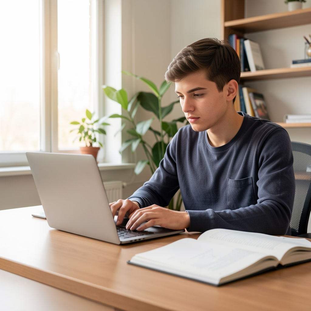 Fiatal szakember online tanfolyamot végez otthoni irodában, kézzel jegyez, laptopon mesterséges intelligencia kurzus látható