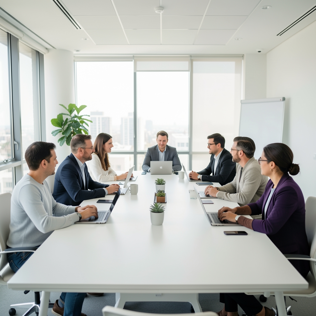 Csoportos workshop ahol résztvevők mesterséges intelligencia etikáját és felelős MI alkalmazását vitatják meg modern tárgyalóban