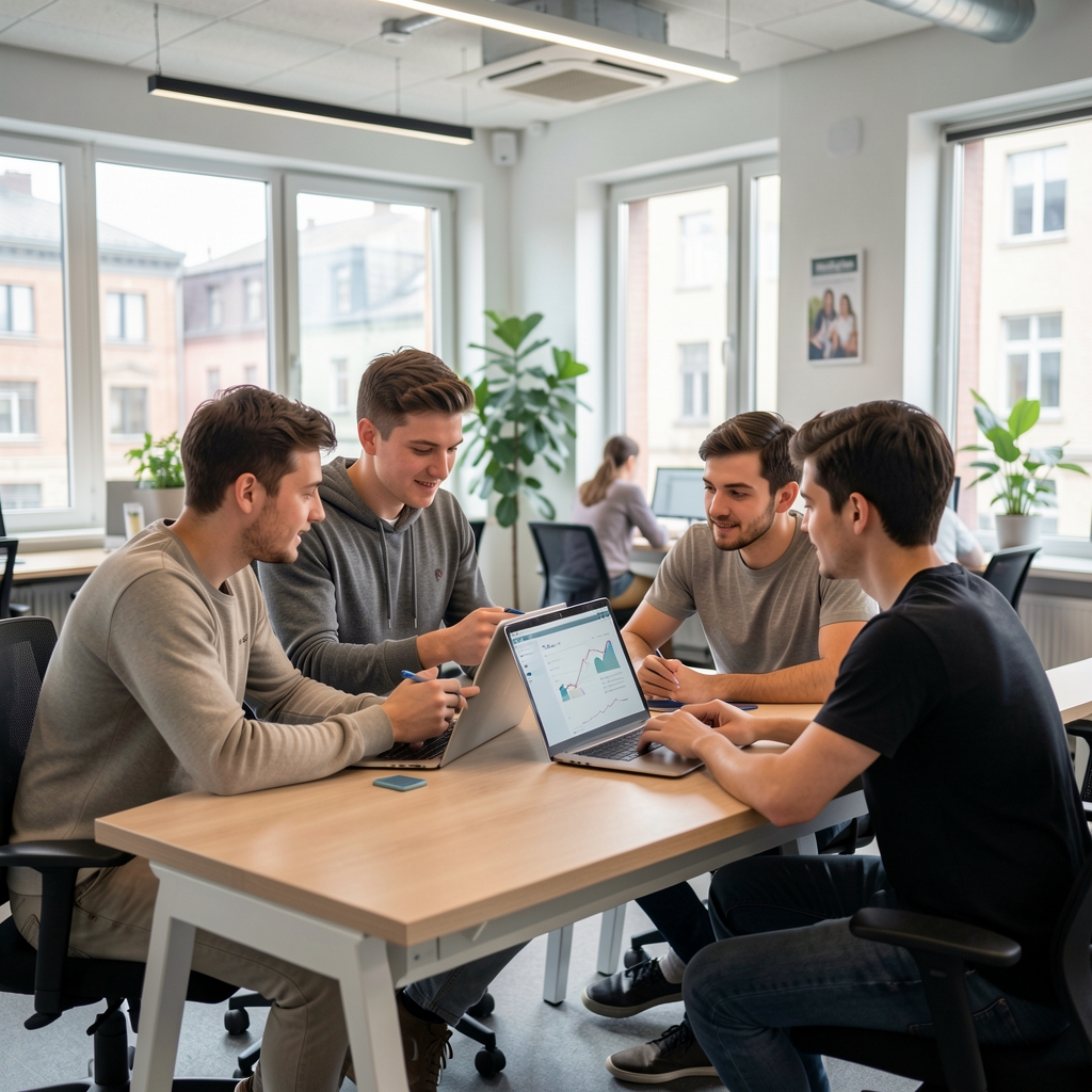 Startup alapítók csapata közösen dolgozik mesterséges intelligencia alapú termék fejlesztésén, modern co-working irodában
