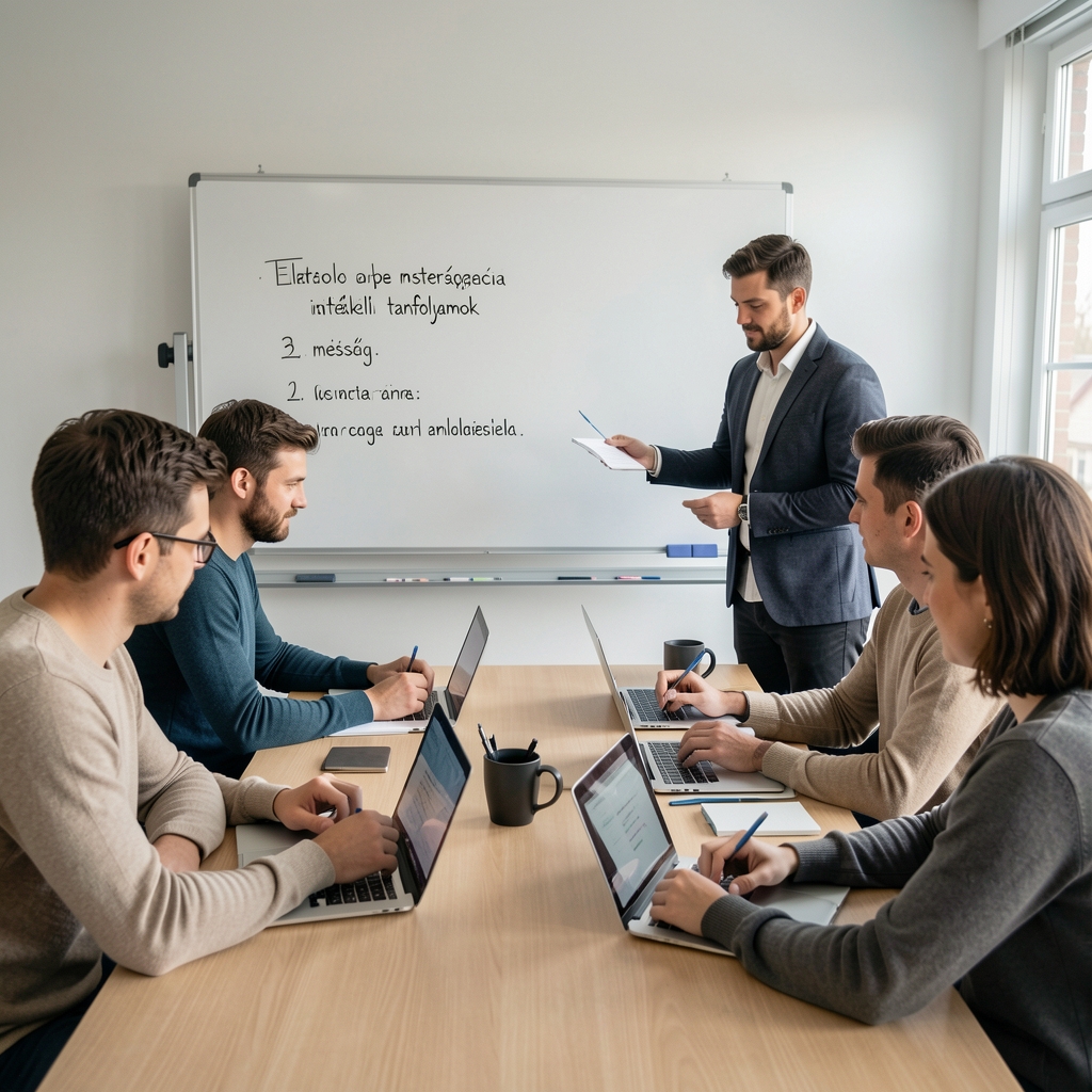 Elemző csapat workshopon értékeli mesterséges intelligencia tanfolyamok tartalmát és minőségét, fehér táblával a háttérben