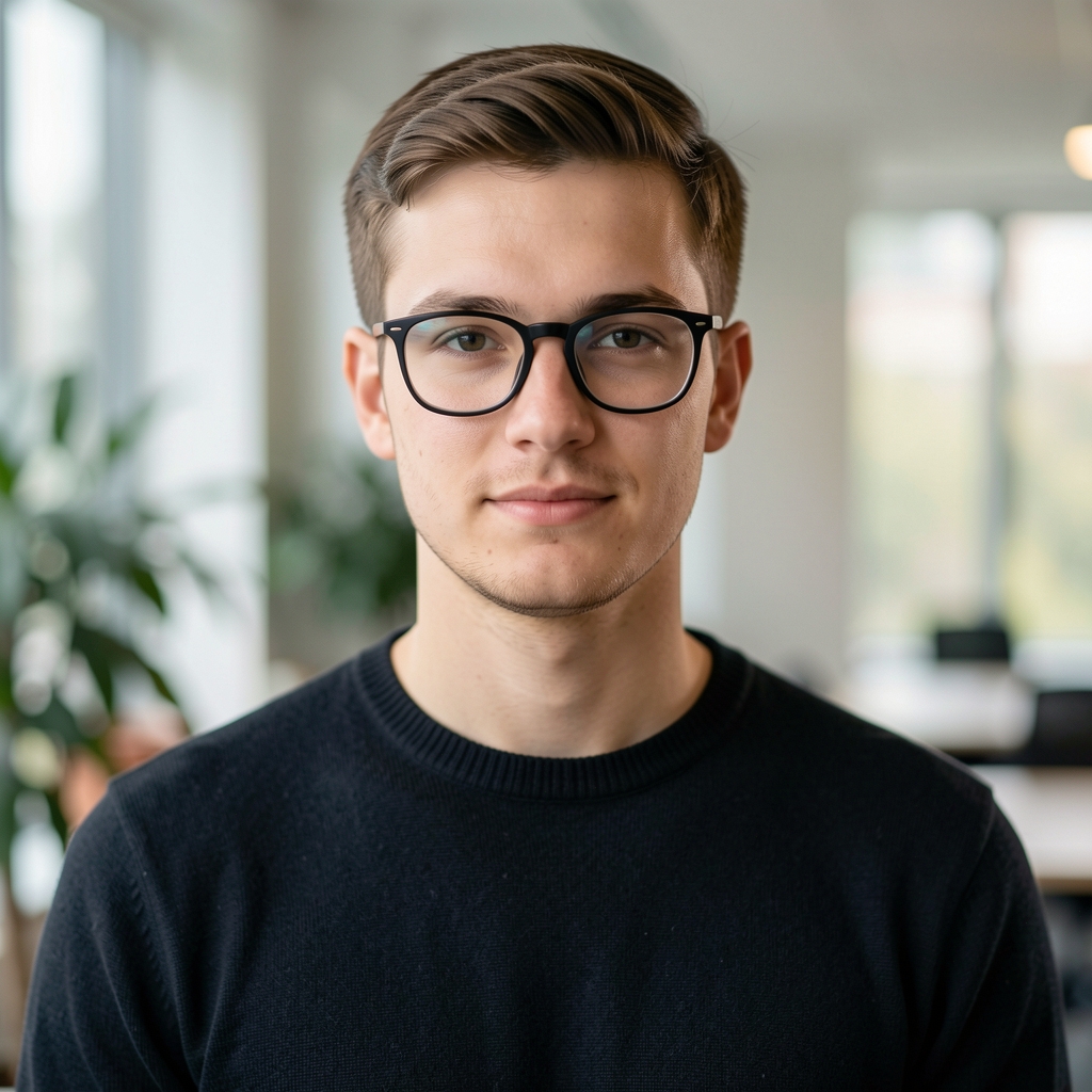 Szabó Dániel portréfotója, fiatal férfi szemüvegben, sötét pulóverben, irodai háttér előtt
